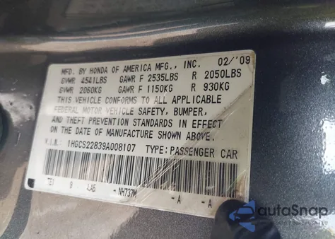 2009 Honda Accord 3.5 Ex-L z USA, uszkodzony, nr VIN 1HGCS22839A008107